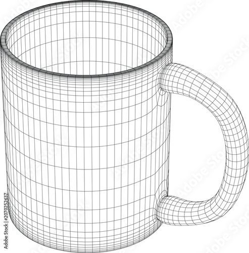 Wireframe Coffee Mug and Sphere Mesh 3D Illustration Set.
