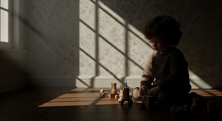 Child Silhouette by Window Playing with Toys in Warm Sunlight.