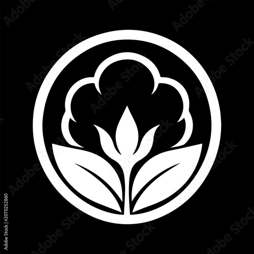 Black and White Cotton Logo Design - Organic Cotton Bud Plant and Leaves Circular Vector Emblem