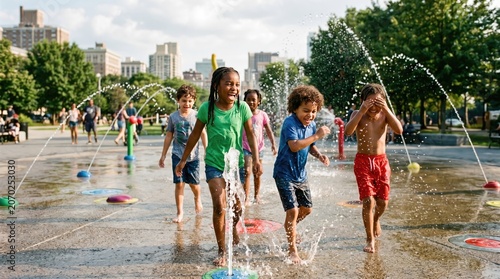 Children playing and laughing joyfully while running through a colorful water splash pad in an urban park on a sunny day capturing carefree childhood moments and summer fun with city