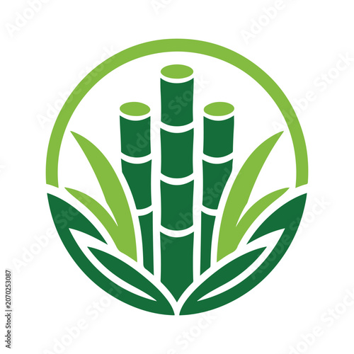 Green Sugarcane Logo Design - Organic Sugar Cane Stalks and Leaves Circular Vector Emblem