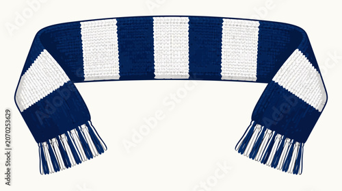 Knitted navy blue and white striped soccer fan scarf with long tassels at both ends, flat vector illustration for football supporter merchandise and sports fan apparel design.