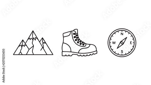 Minimalist outdoor adventure icon set, black line art mountain peaks, hiking boot and compass vector, wilderness exploration symbols for travel branding