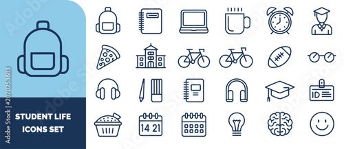 Student life set featuring backpack, laptop, notebook, graduation cap, bicycle, pizza slice, headphones, and calendar symbols