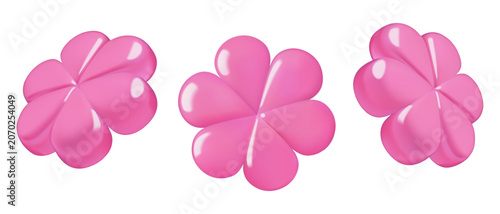 Pink flowers abstract 3d elements set. Floral geometric shapes vector illustrations isolated on white background.
