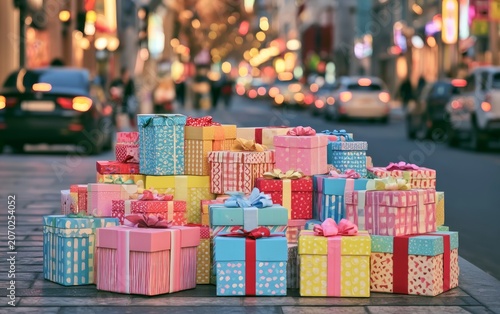 Vibrant Gift Boxes Arranged Artistically on a Busy Urban Street Surrounded by Colorful Lights and Life