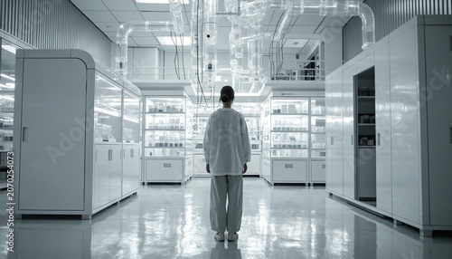 A patient seen from behind standing alone in a bright modern sterile laboratory with advanced medical equipment and clean surfaces, illustrating clinical trials and experimental medical procedures.