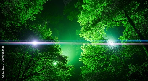 Green Night Forest with Light Beams Across Trees.
