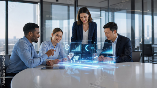 Diverse business team collaborating using holographic AI data interface