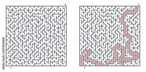 Square maze for kids and adults, medium difficulty printable logic game, find the way from start to exit, black and white line art, activity worksheet page with solution