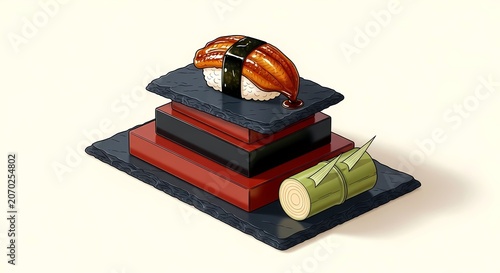 Layered Lacquer and Stone Suite. single anago nigiri (grilled eel) as a dark amber jewel, on a stack of miniature lacquer boxes (different sizes), and a slate stone tile