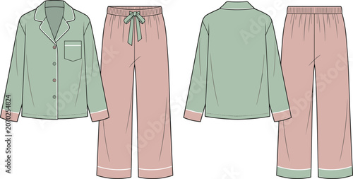 Women Pajamas Sleepwear Set Technical Flat Sketch Template Vector Featuring Button Down Shirt and Drawstring Pants with Front and Back Views