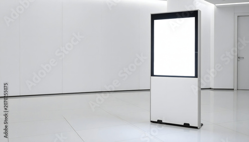 Modern black digital sign kiosk display mockup in bright empty gallery