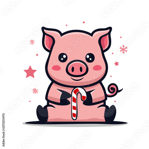 Cute cartoon pig holding a candy cane with holiday decorations
