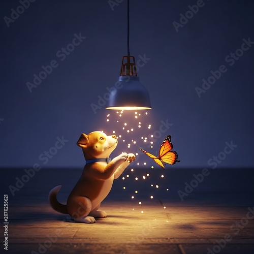 Curious Puppy Reaches for Butterfly Beneath Sparkling Lamp.