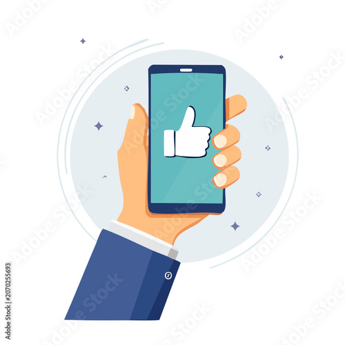 Hand holding smartphone with thumbs up icon