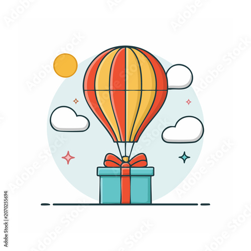 Hot air balloon carrying a gift box, flat vector illustration