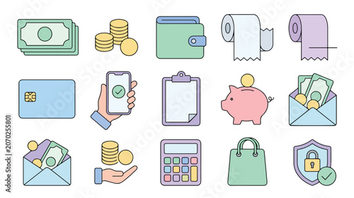 Everyday Payment Methods Flat Vector Icons Collection Set
