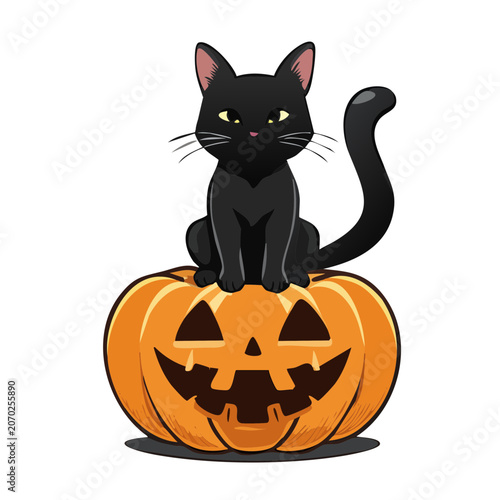 Cartoon black cat sitting on a Halloween jack o lantern