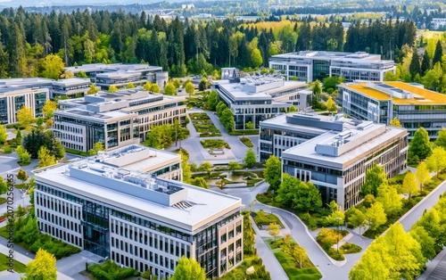 Aerial View of Modern Office Campus Surrounded by Green Trees and Landscaped Grounds