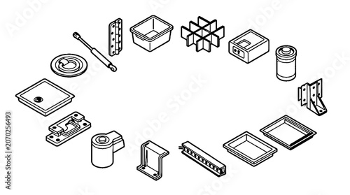 Isometric technical line drawing of various industrial hardware components and mechanical parts.