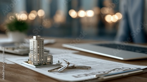 Real Estate Contract Scene with Model Building and Keys on Desk in Modern Office Environment