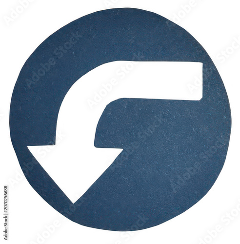 A circular blue traffic sign featuring a cutout arrow pointing downward right
