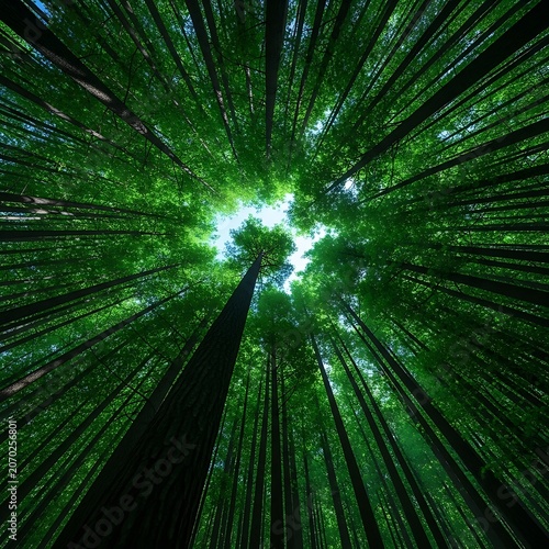 Looking Up Through Towering Forest Canopy.