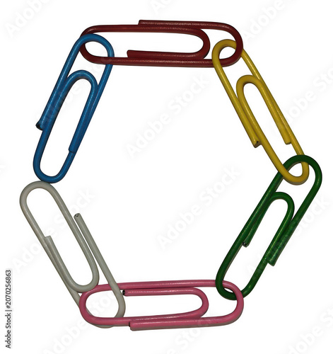 A circular arrangement of colorful metal paperclips linked together on black background