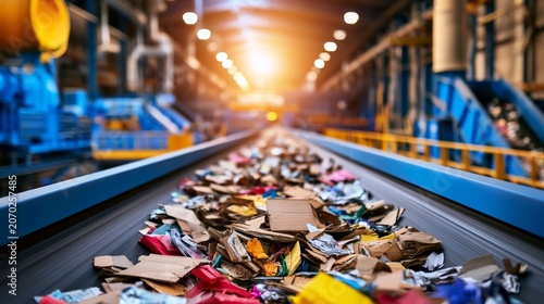 Efficient Conveyor Belt System at Recycling Facility with Various Materials Being Transported in Urban Environment