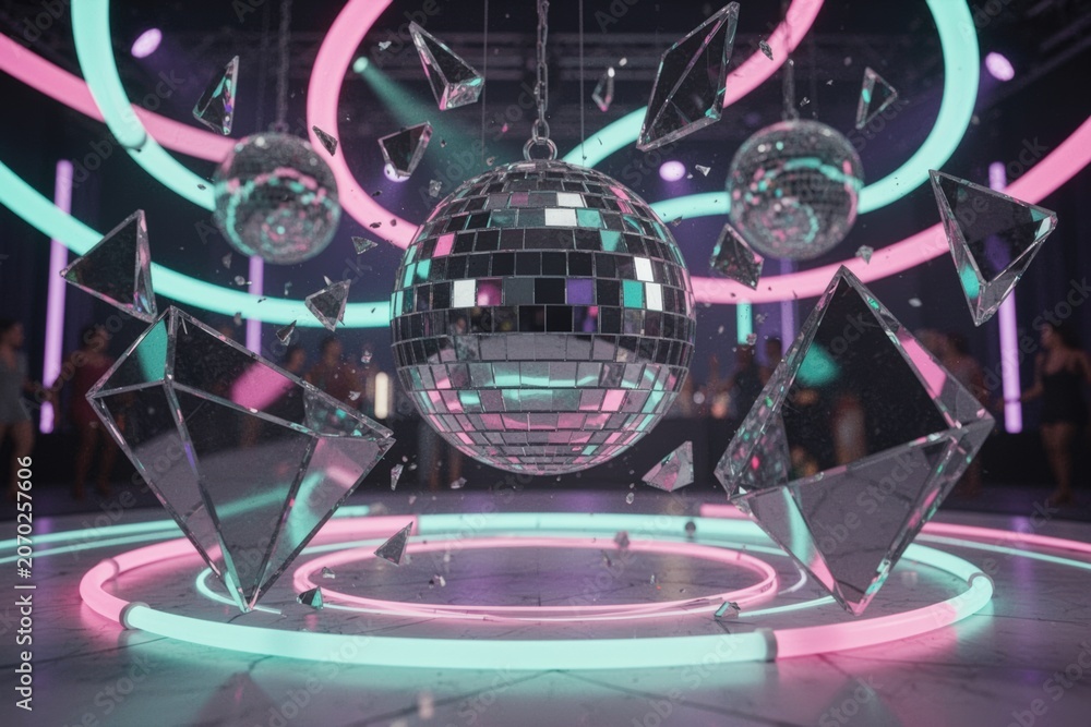 Fototapeta premium Disco ball suspended above neon dance floor with floating mirror fragments