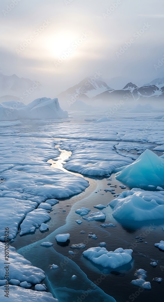 Naklejka premium Sunrise over blue ice floes on a frozen sea.