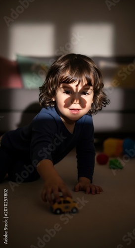 Curious toddler crawling in sunlit playroom.