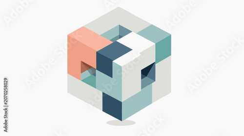 Pastel colored geometric isometric cube composed of interlocking multi-colored blocks floating in space, flat vector illustration for abstract graphic art and visual design concepts.