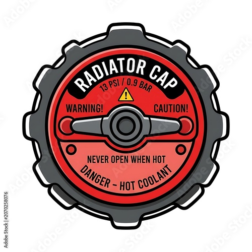 Close up of a radiator cap with safety warnings.