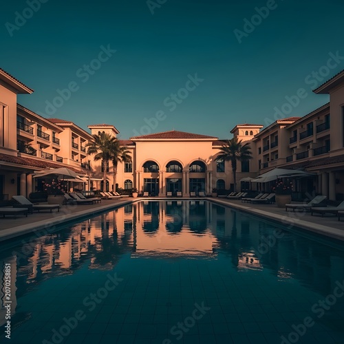 Luxurious Resort Pool at Sunset with Palm Archways.