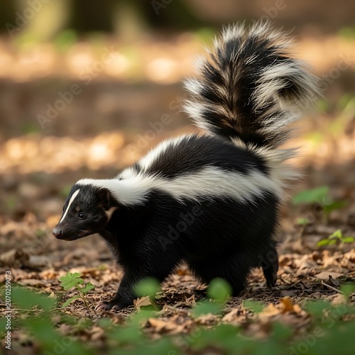 Black bear cub walking through autumn leaves.
