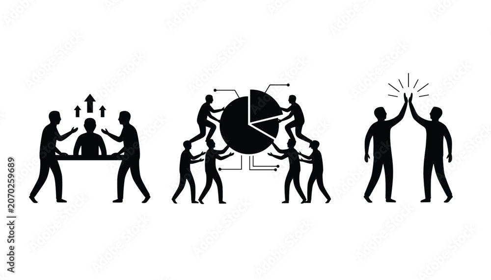 Fototapeta premium Teamwork concepts showing colleagues supporting each other, building a pie chart, and giving a high five.