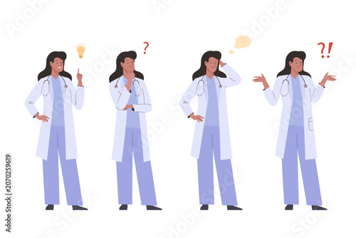 Doctor woman in lab coat and stethoscope in different poses Set. Female medic character standing and wondering, confused, thinking