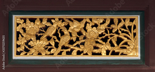 Antique Chinese Gold Leaf Wooden Carving with Birds and Peony Flowers