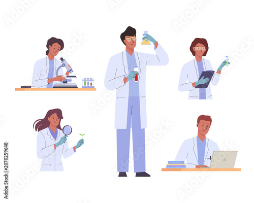 Scientists characters set in laboratory. Doctors in uniform conduct a study. Science researching copy