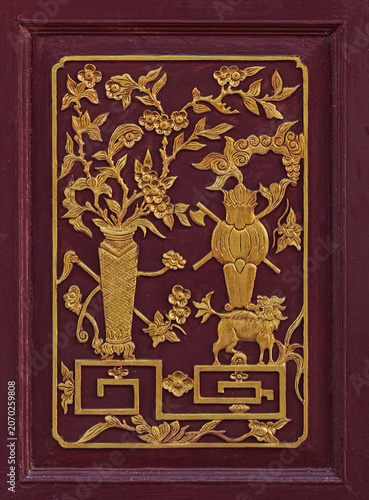 Gold Leaf Auspicious Symbol Carving on Traditional Peranakan Door Panel