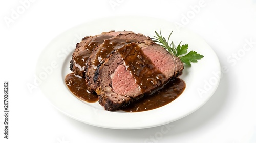 Gourmet beef steak with herbs on white plate.