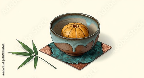 Copper Patina and Ceramic Niche of single uni gunkan (sea urchin) as a golden citrine, nestled in a ceramic bowl with ash glaze (shigaraki style)