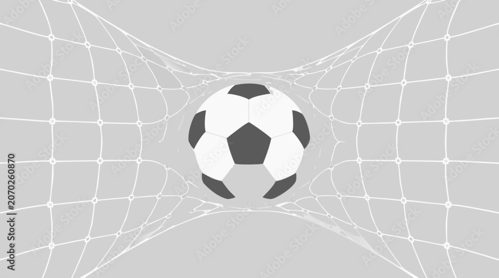 Fototapeta premium Classic black and white soccer ball embedded in the back of a white goal net representing a scored goal in football, flat vector illustration for sports and match themed design.