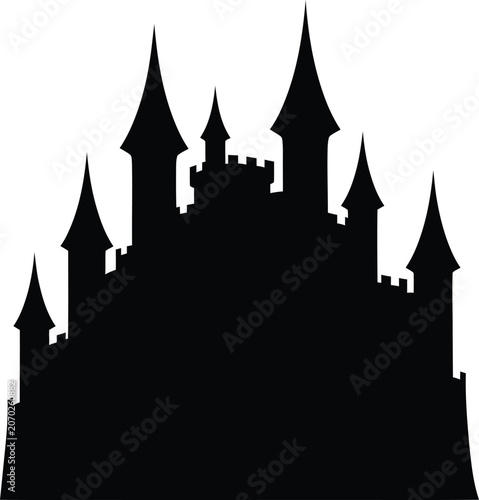Black silhouette of a majestic medieval fortress with pointed towers