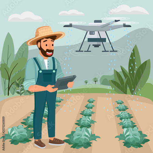 Modern smart farmer controlling an agricultural drone with a digital tablet in a cabbage field, innovative smart farming and agritech vector illustration. 