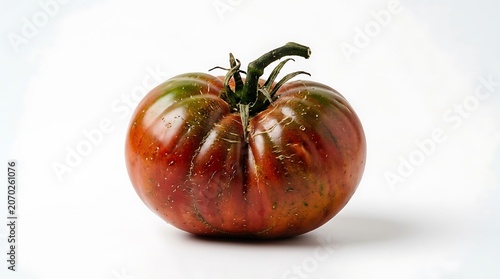 Single red apple with green leaf and stem.