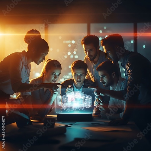 Group of professionals collaborating around glowing screen at night.