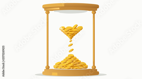 Classic glass hourglass with a gold frame filled with cascading gold coins draining from upper to lower chamber, flat vector illustration representing time is money and financial planning.